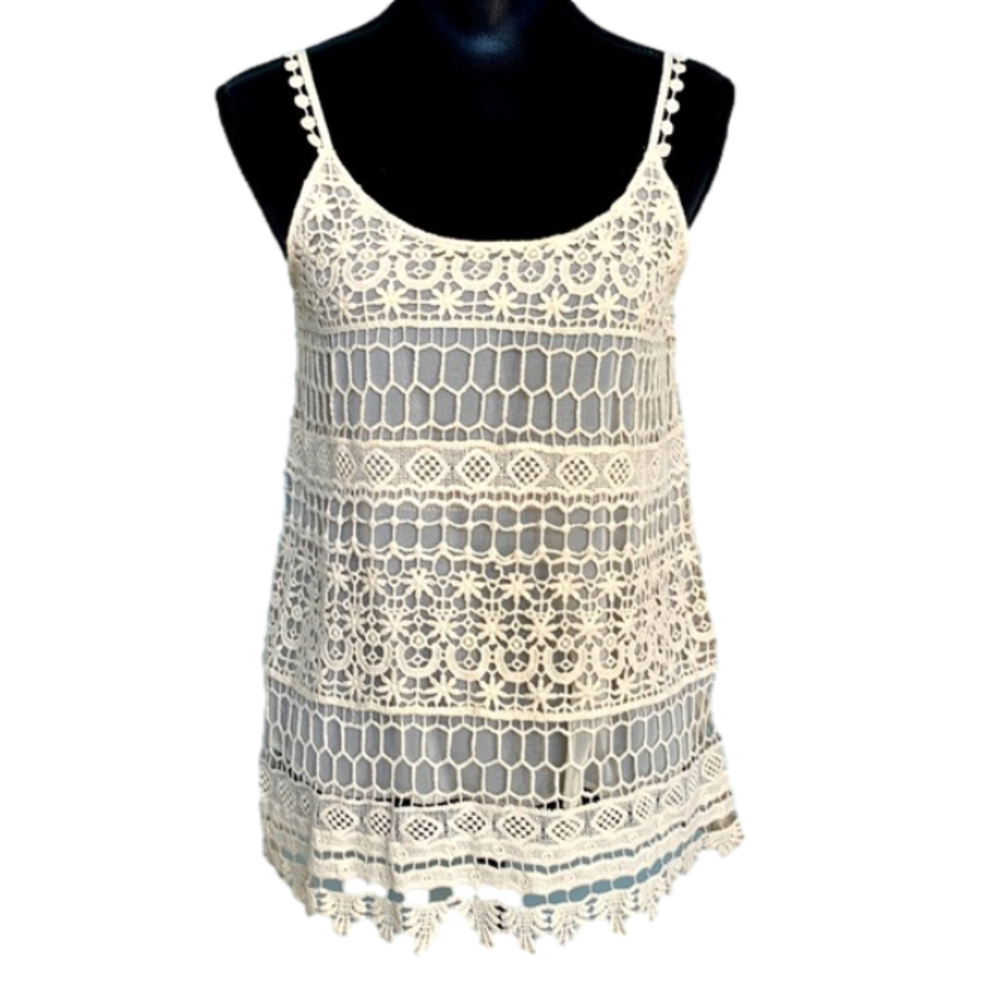 AQUA Cream Lace Boho Crochet Tank Top XS